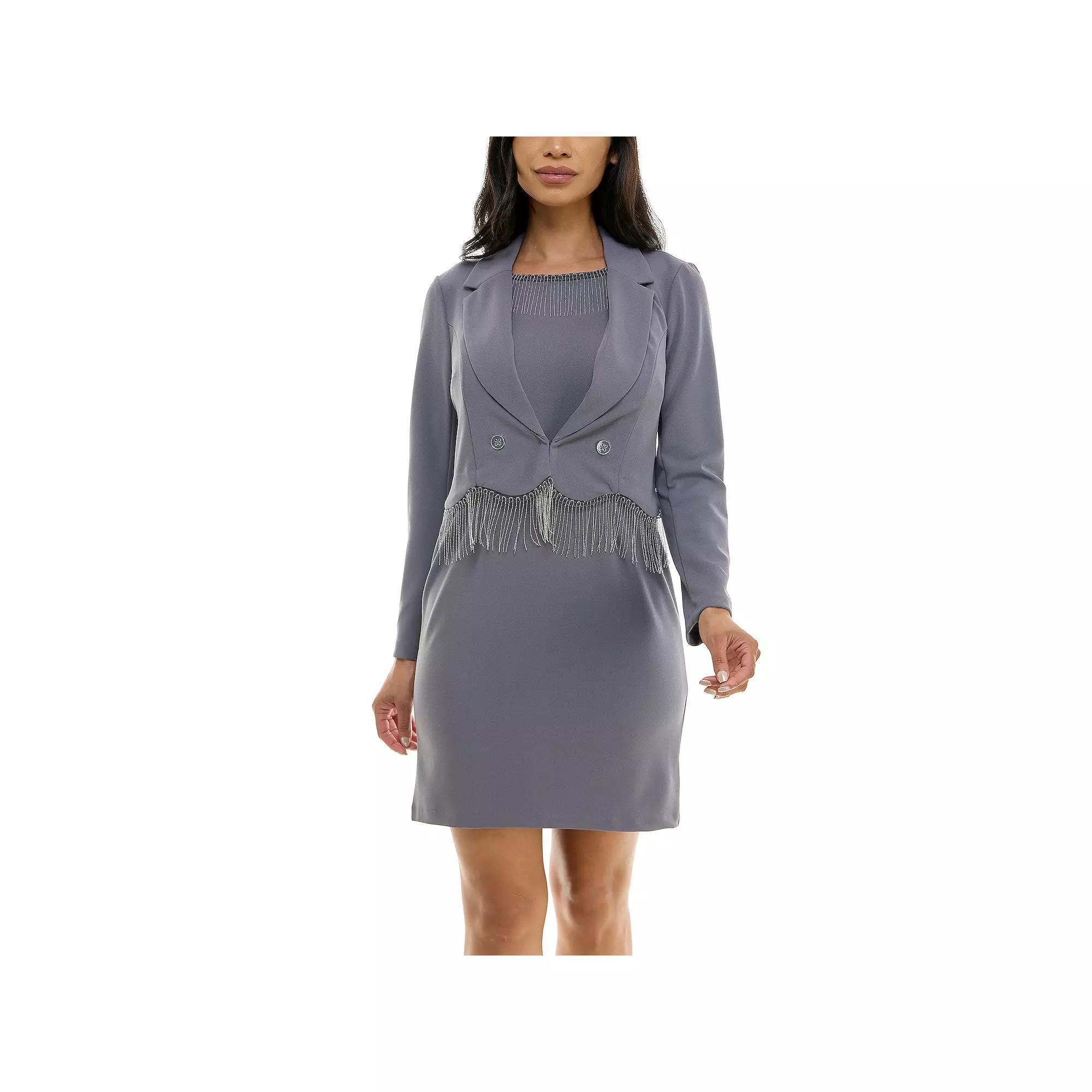 Women's Nina Leonard 2-Piece Fringed Dress and Blazer Set, Size: Large, Grey Product Image