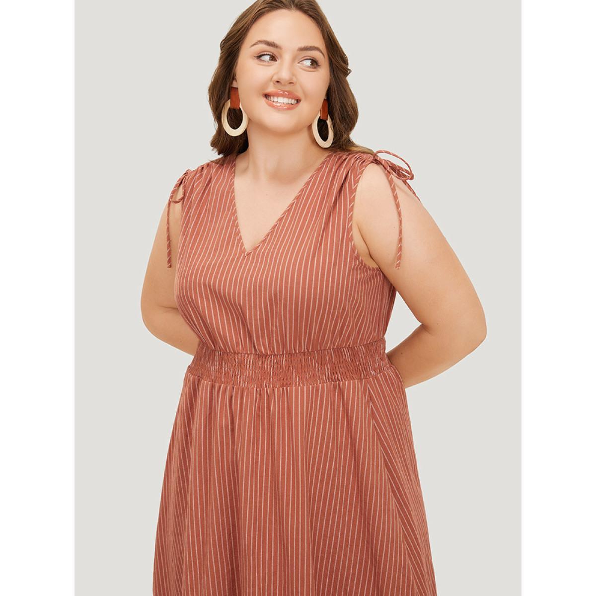 Plus Size Striped Print Pocket Shirred Drawstring Shoulder Dress Rust Women Vacation Contrast V-neck Sleeveless Curvy Midi Dress BloomChic 22-24/3X Product Image