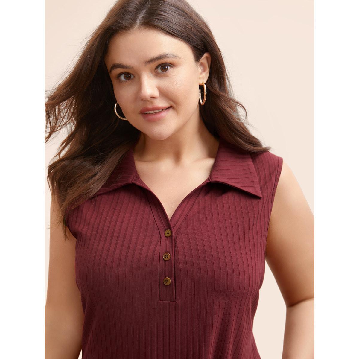 Plus Size Shirt Collar Pit Strip Button Up Tank Top Women Burgundy Casual Texture Shirt collar Everyday Tank Tops Camis BloomChic 30/6X Product Image