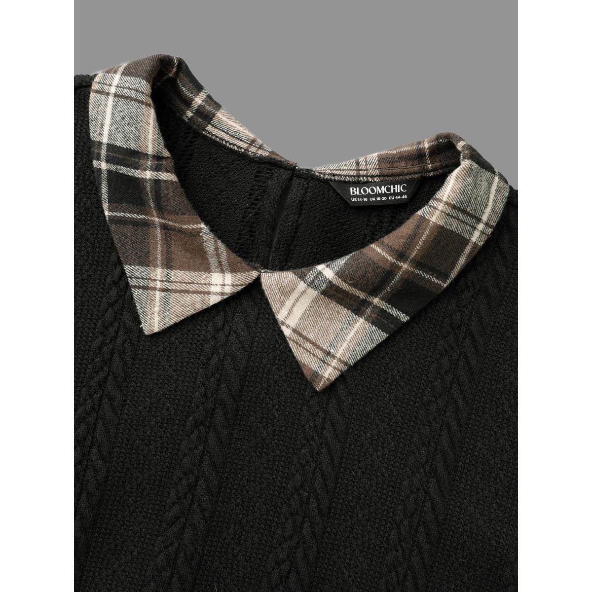 Plus Size DarkBrown Plaid Patchwork Texture Lantern Sleeve Blouse Women Elegant Long Sleeve Shirt collar Everyday Blouses BloomChic 22-24/3X Product Image