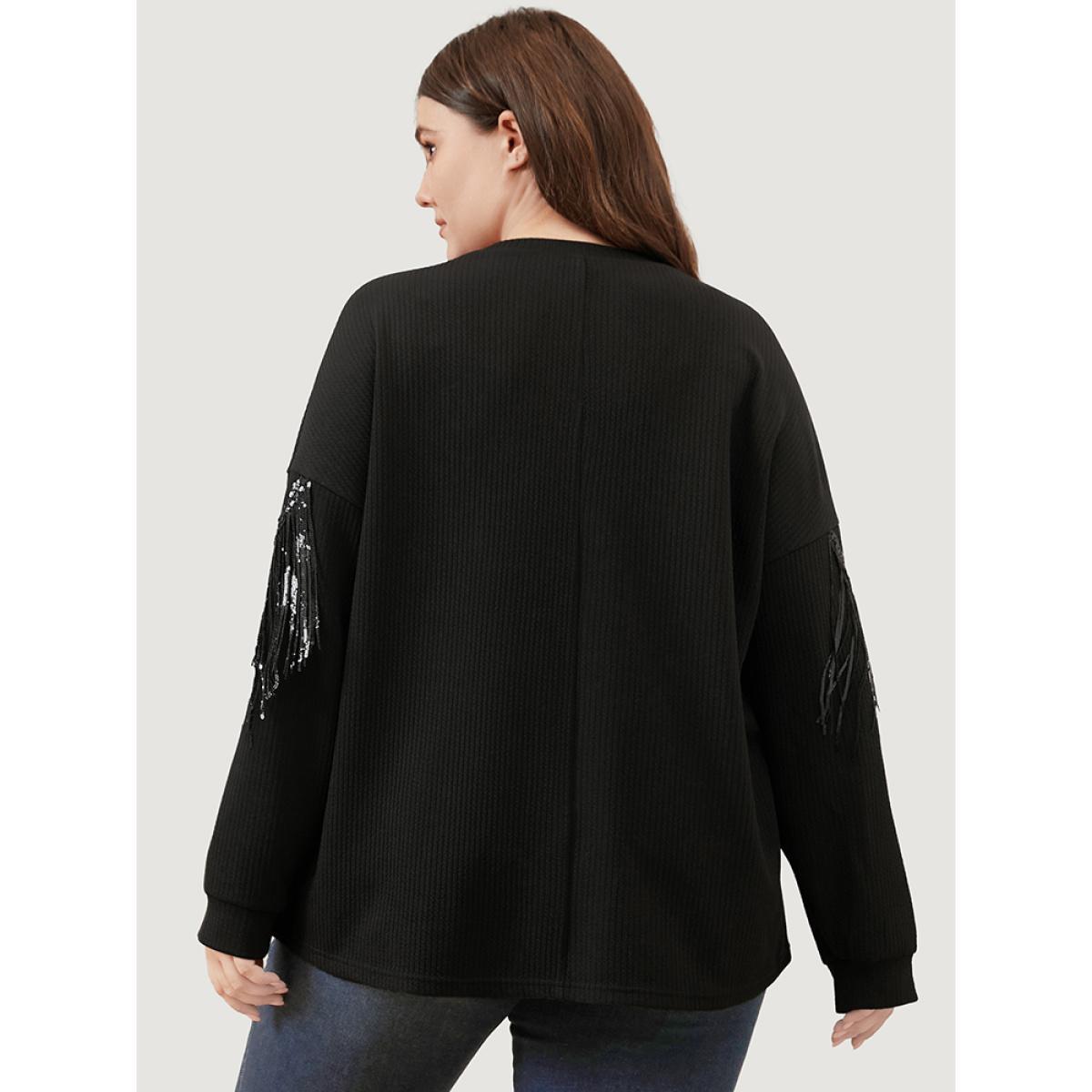 Plus Size Solid Fringe Trim Sequin Drop Shoulder Sweatshirt Women Black Party Patchwork Round Neck Going out Sweatshirts BloomChic 30/6X Product Image