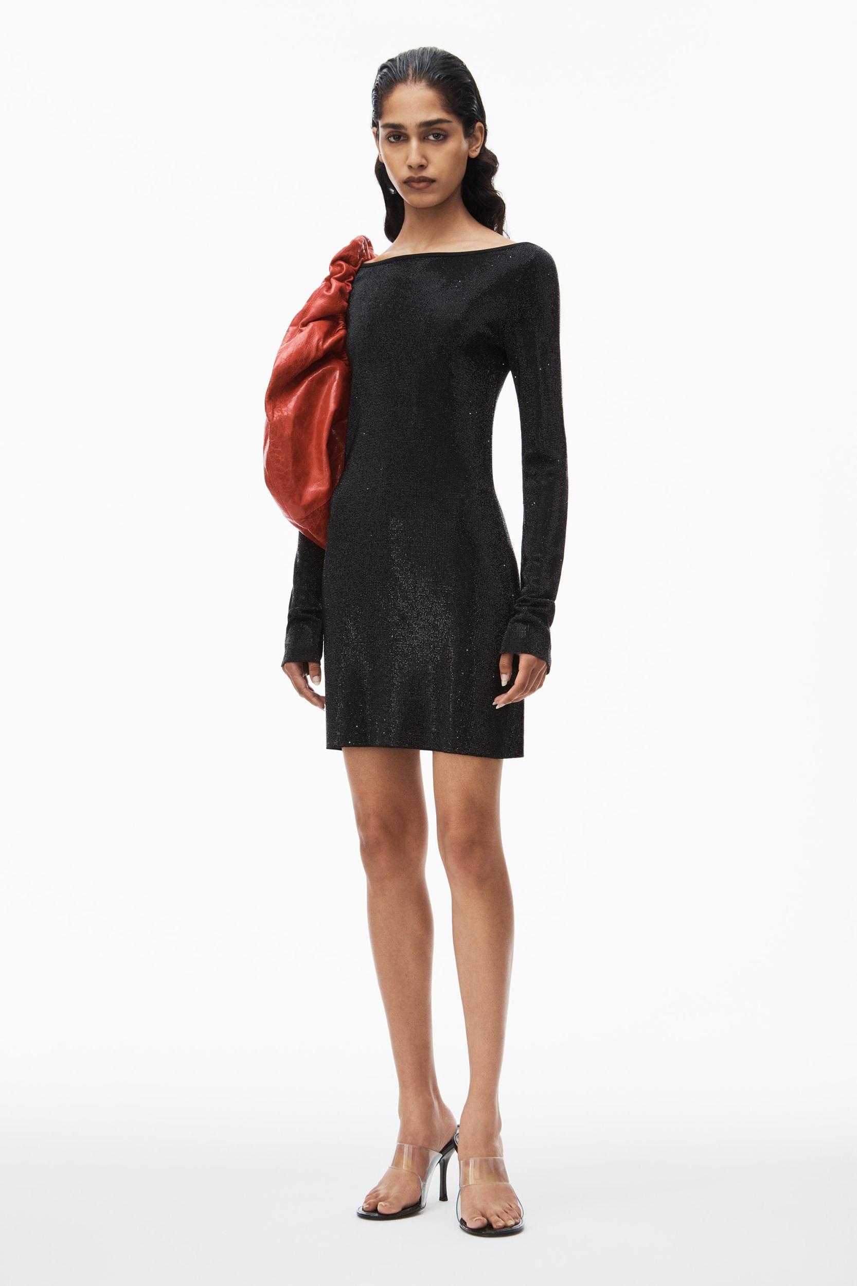Clear Bead Hotfix Boatneck Minidress In Long Sleeve Product Image