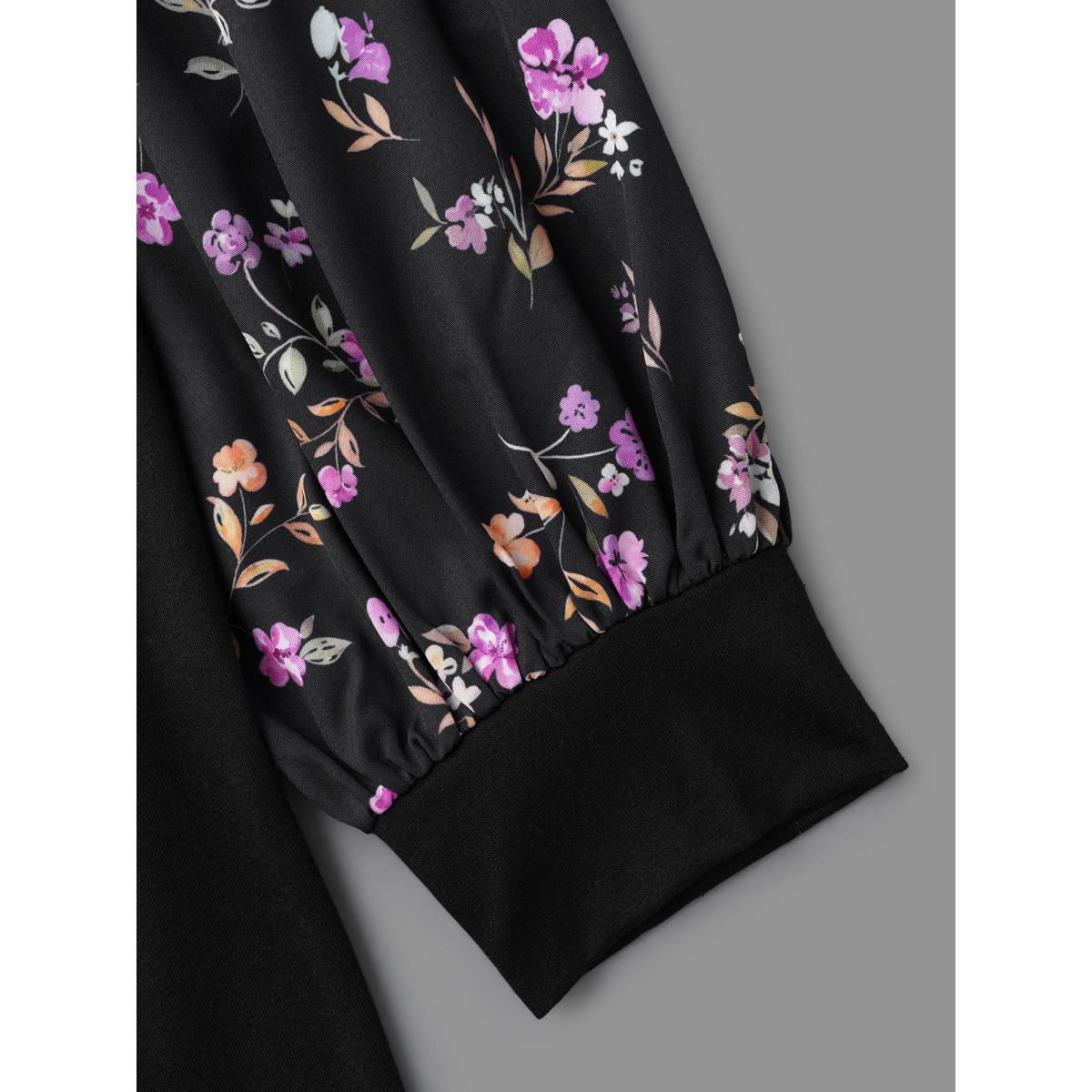 Plus Size Floral Spliced Sleeve Stretchy T-Shirt Black Women Elegant Contrast Natural Flowers Round Neck Everyday T-shirts BloomChic 12/L Product Image