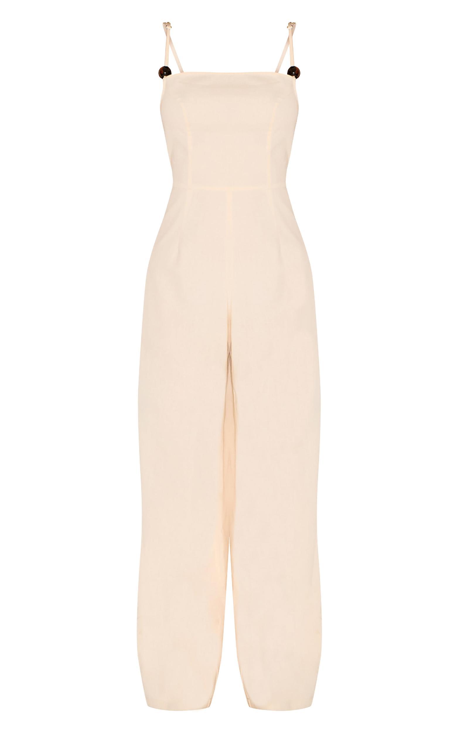 Natural Linen Blend Straight Neck Bead Detail Jumpsuit Product Image