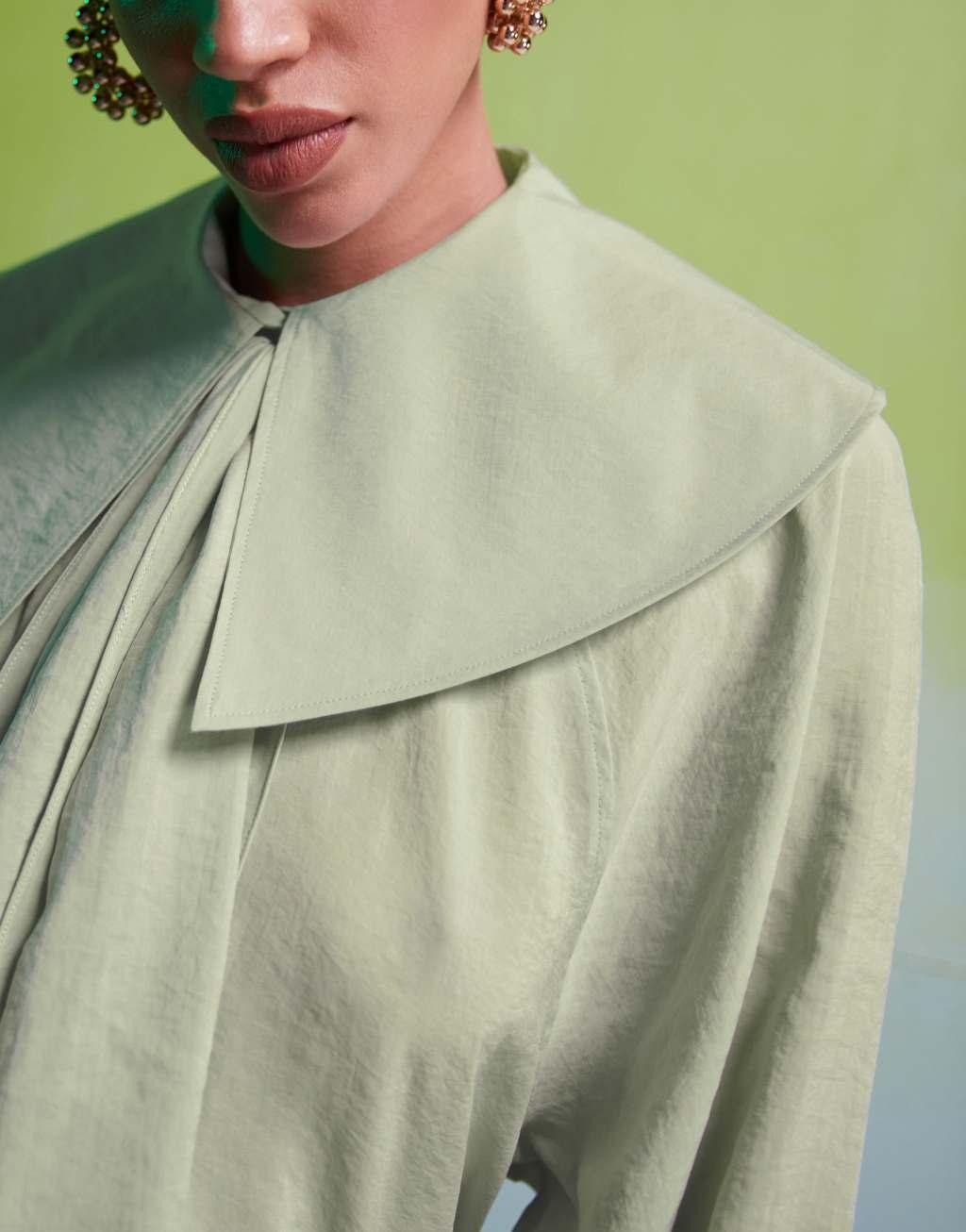 ASOS DESIGN oversized collar blouse with neck tie detail in sage green Product Image