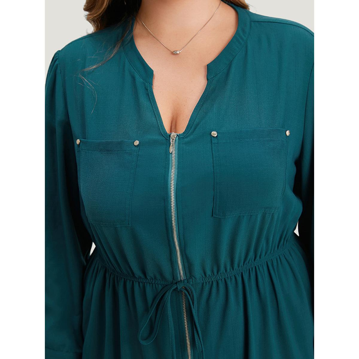 Plus Size Aegean Notched Zipper Gathered Drawstring Jumpsuit Women Office Long Sleeve Notched collar Work Loose Jumpsuits BloomChic 12/L Product Image