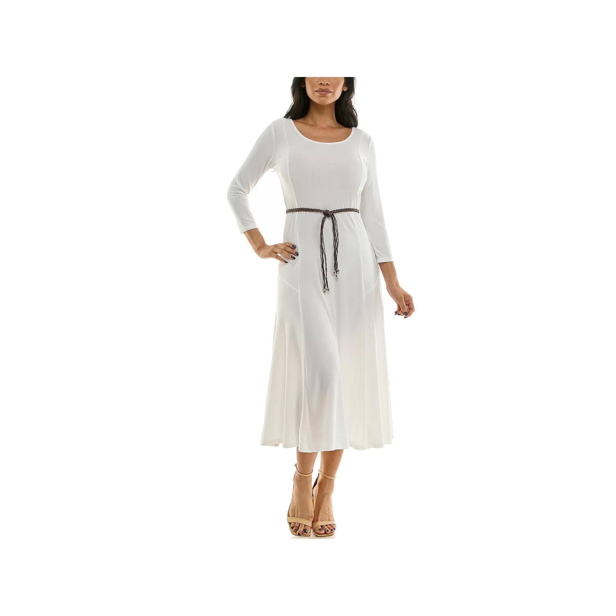 Women's Nina Leonard Sylvia Three-Quarter Sleeve Belted Midi Dress, Size: XL, Ivory Product Image