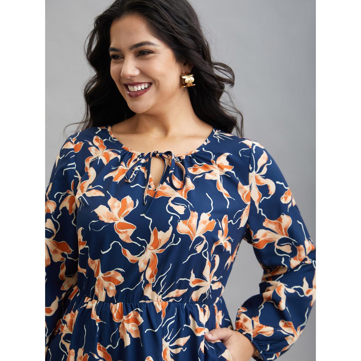 Plus Size Tropical Flower Print Pockets Waist-Tie Midi Dress Navy Women Elegant Tie knot Round Neck Long Sleeve Curvy BloomChic 12/L Product Image