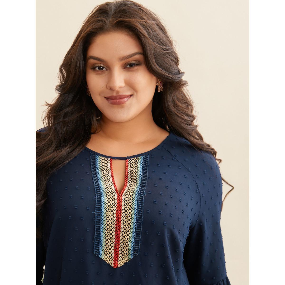 Plus Size Indigo Textured Embroidered Neckline A-Line Blouse Women Casual Three Quater Length Sleeve V-neck Everyday Blouses BloomChic 26/4X Product Image