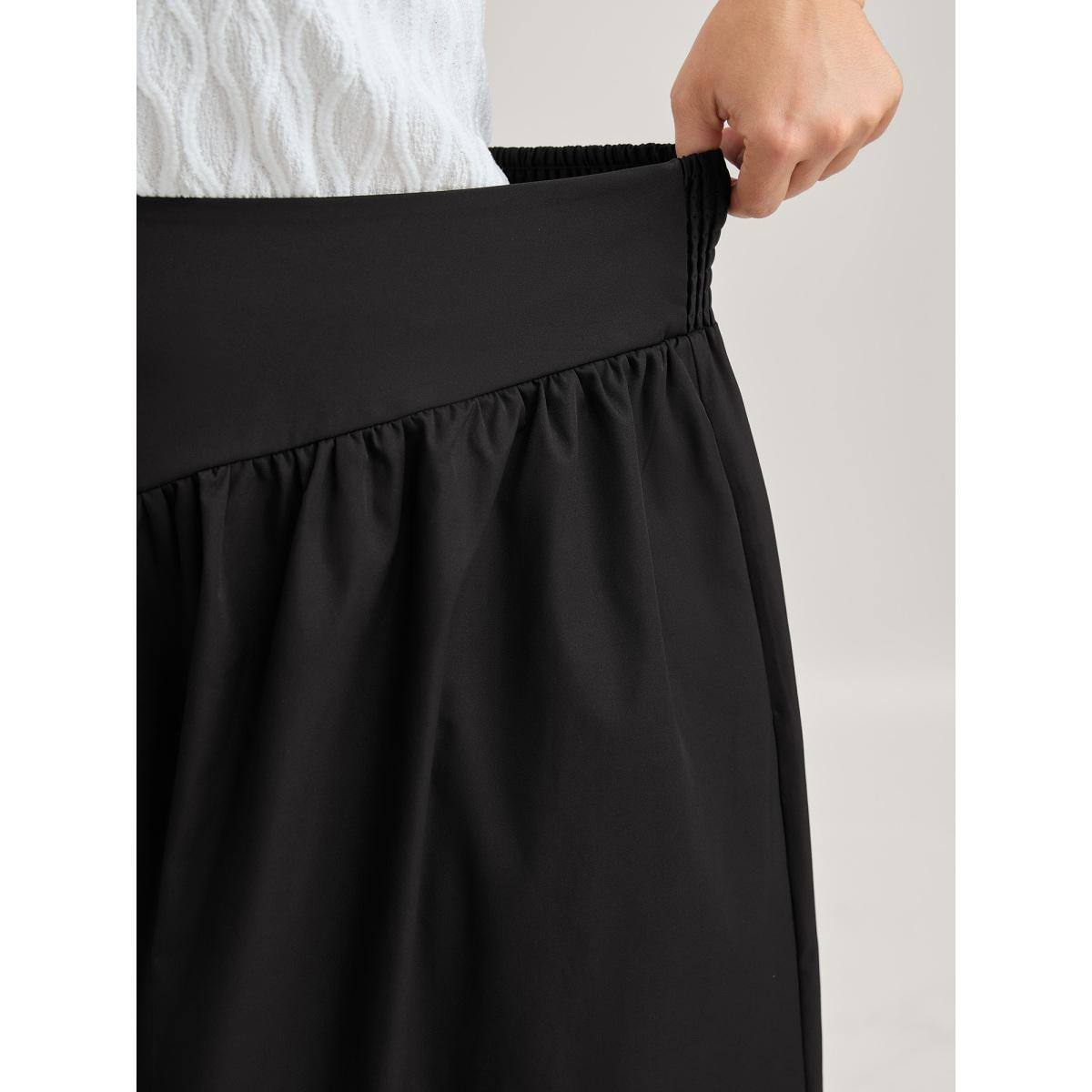 Plus Size Wide Cinched-Waist Solid Midi Skirt Women Black Gathered Low stretch Side seam pocket Everyday-Elegant Skirts BloomChic 26/4X Product Image