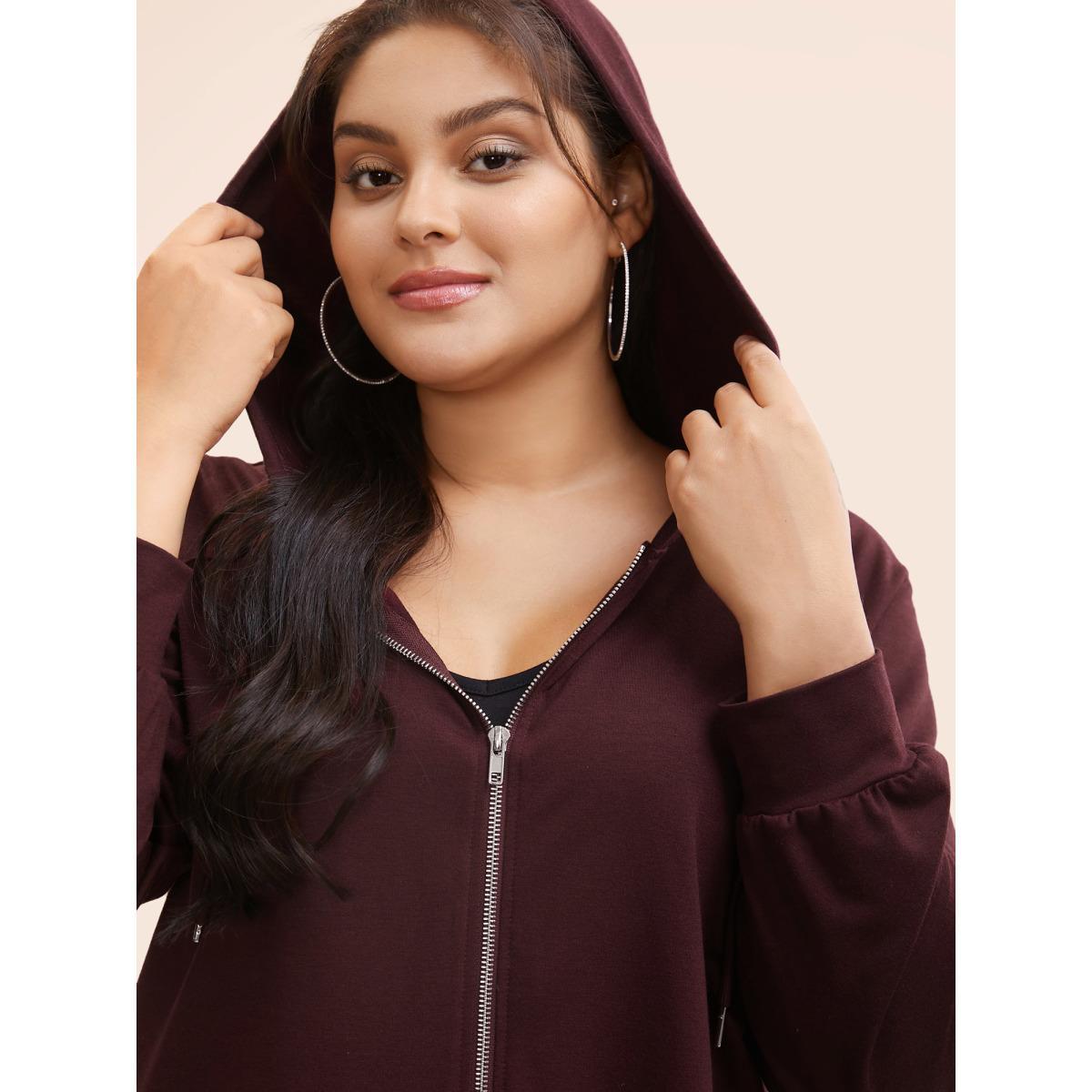 Plus Size Plain Zipper Hooded Drawstring Pocket Sweatshirt Women Burgundy Casual Plain Hooded Dailywear Sweatshirts BloomChic 28/5X Product Image
