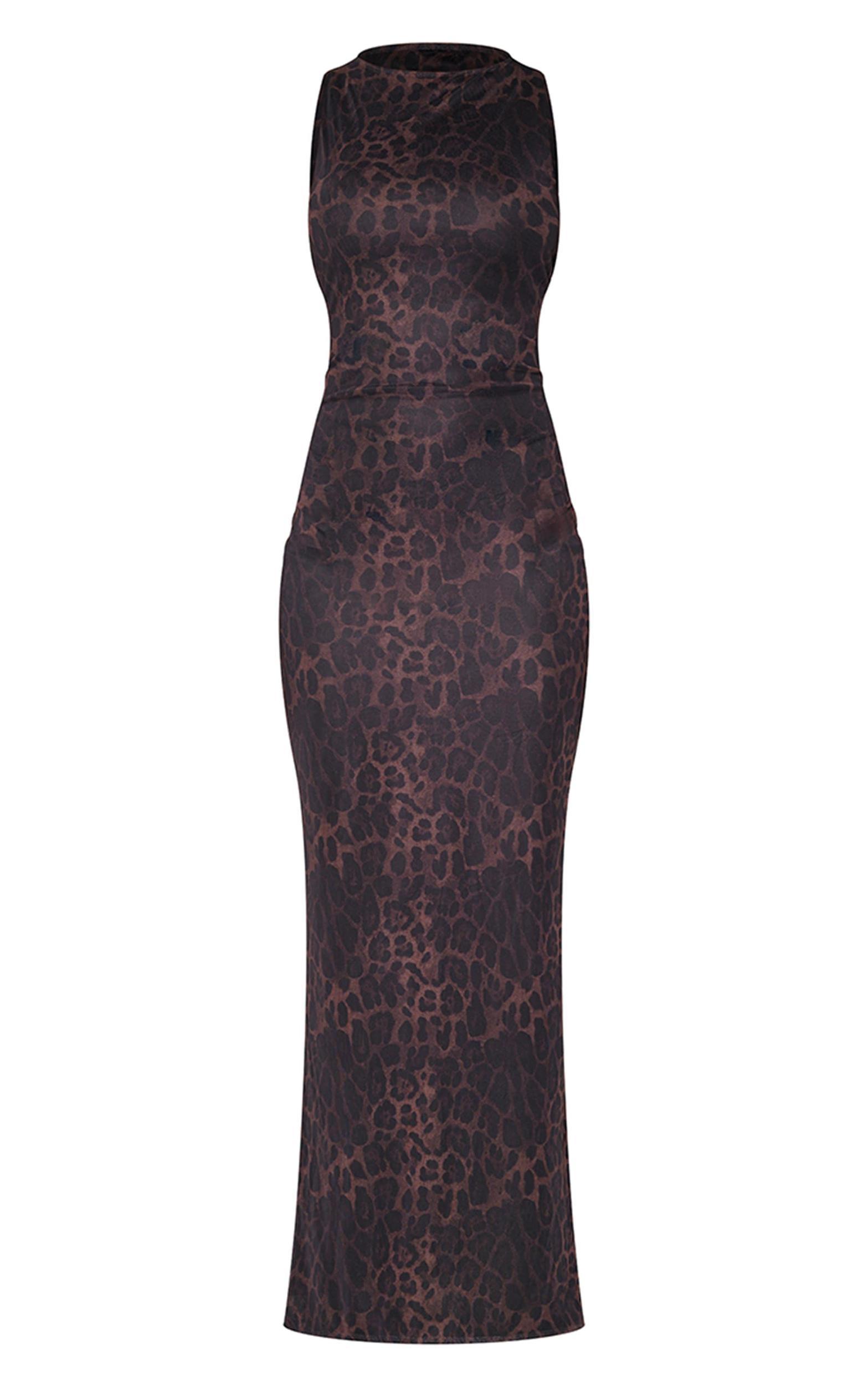 Leopard Print Mesh Printed Racer Neck Maxi Dress Product Image