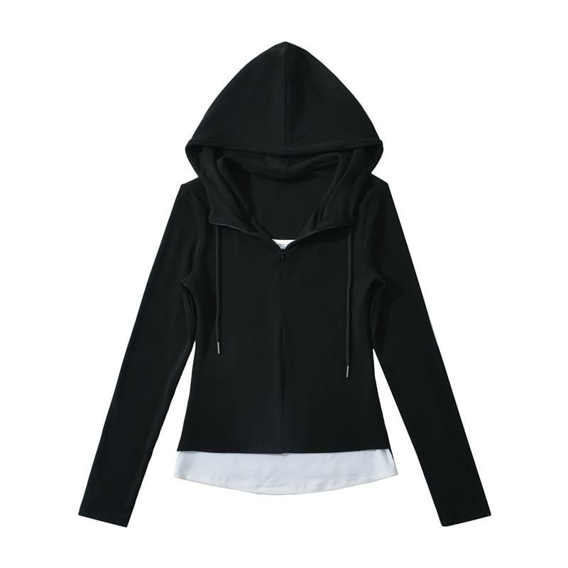 Long-Sleeve Two Tone Mock Two-Piece Hooded Tee Product Image