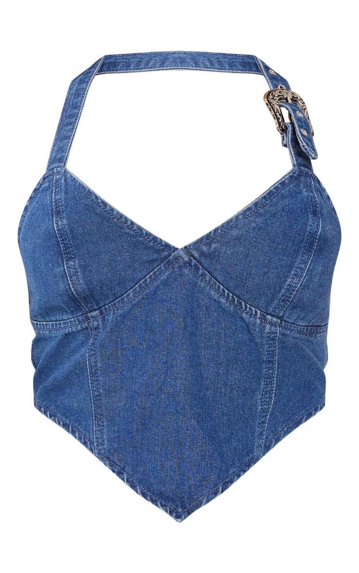 Indigo Buckle Detail Halterneck Crop Denim Top Product Image