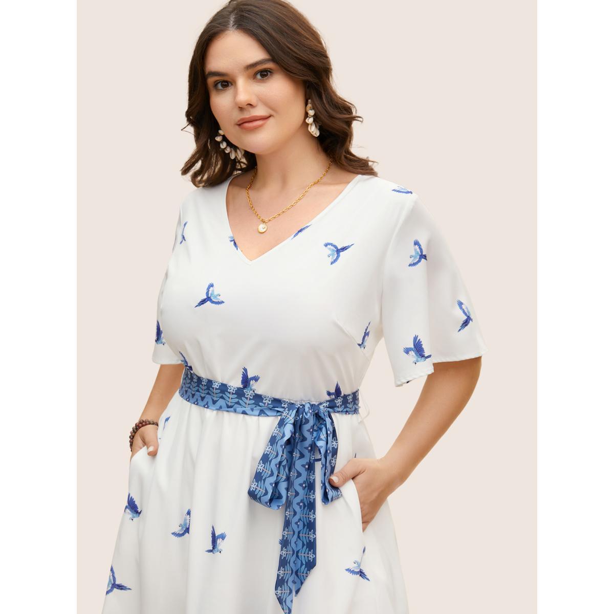 Plus Size V Neck Tropical Print Ruffle Sleeve Maxi Dress Mediumblue Women Resort Tie knot V-neck Short sleeve Curvy BloomChic 18-20/2X Product Image