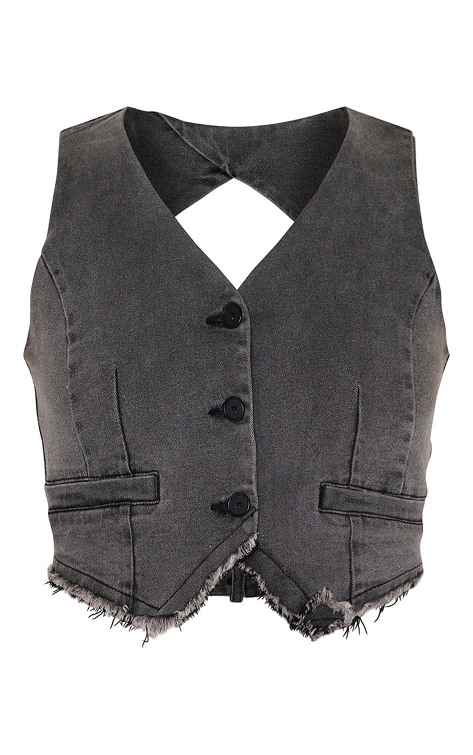 Washed Black Raw Hem Cut Out Back Denim Vest Product Image