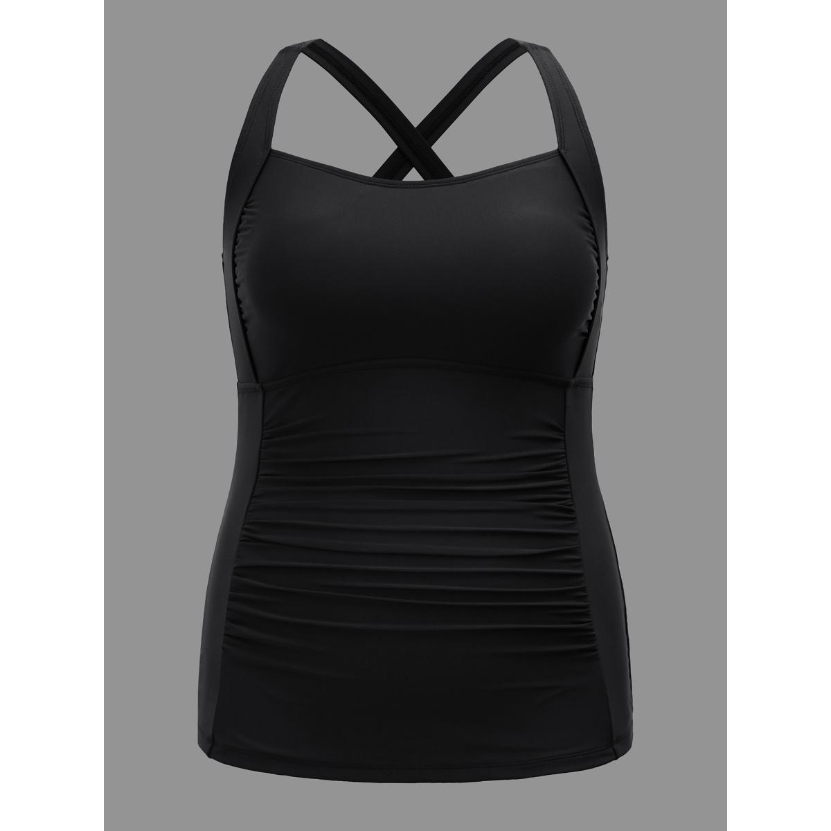 Plus Size Plain Back Crisscross Swim Top Women's Swimwear Black Beach Gathered High stretch Skinny U-neck Curve Swim Tops BloomChic 14-16/1X Product Image
