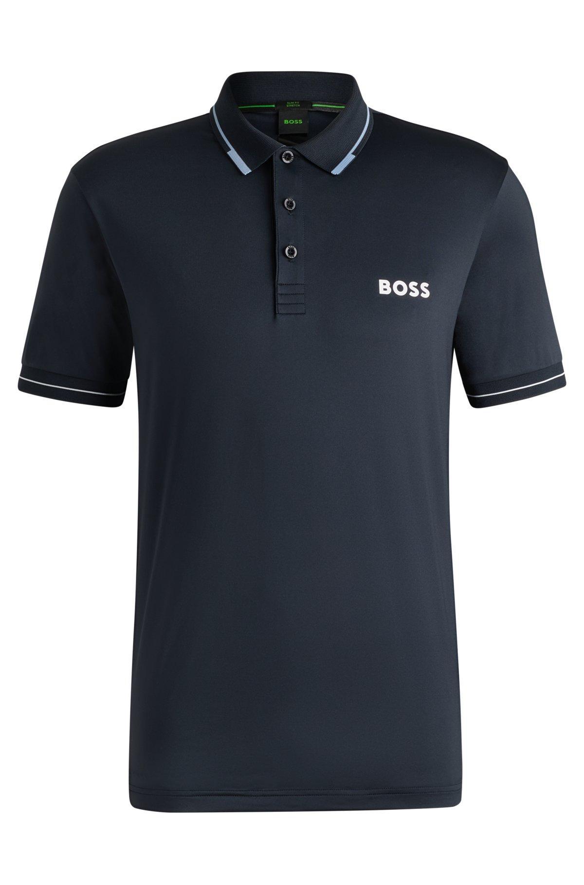 BOSS - Slim-fit polo shirt with contrast logos - Dark Blue Product Image