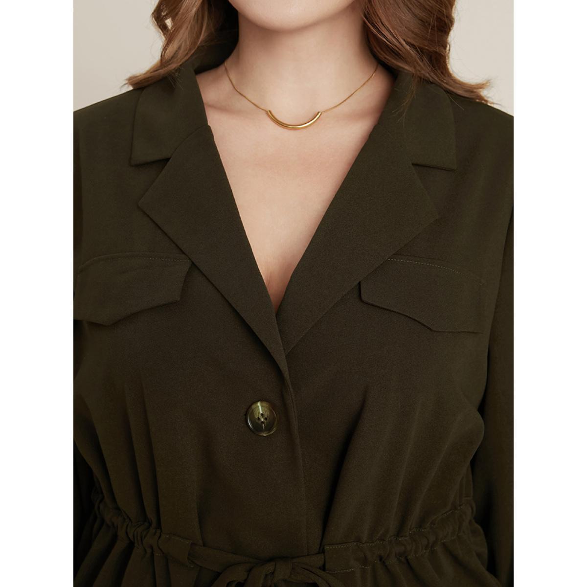 Plus Size ArmyGreen Solid Suit Collar Lantern Sleeve Button Up Drawstring Blouse Women Office Long Sleeve Suit Collar Work Blouses BloomChic 28/5X Product Image