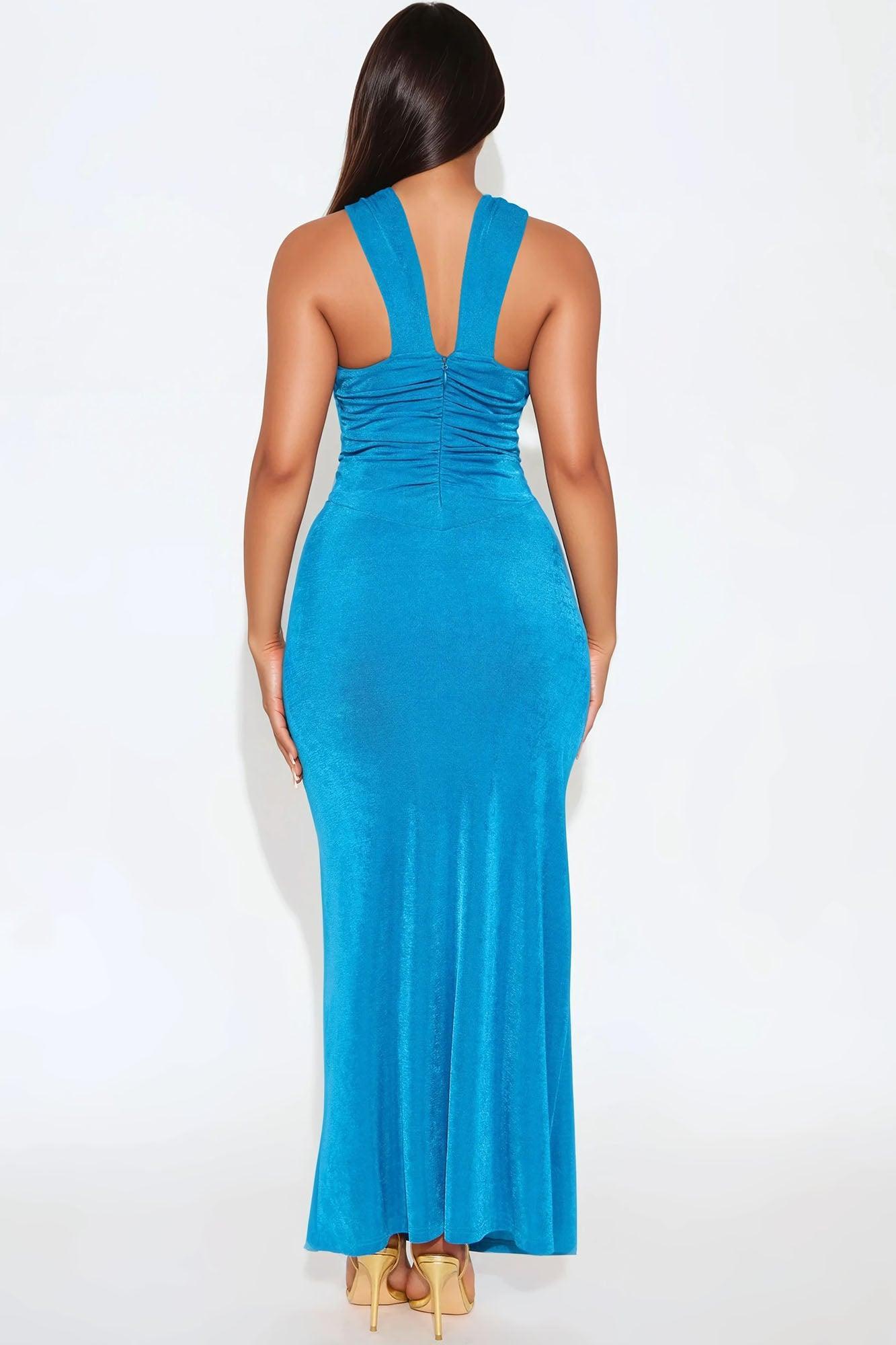 Alexa Halter Slinky Maxi Dress - Blue Product Image