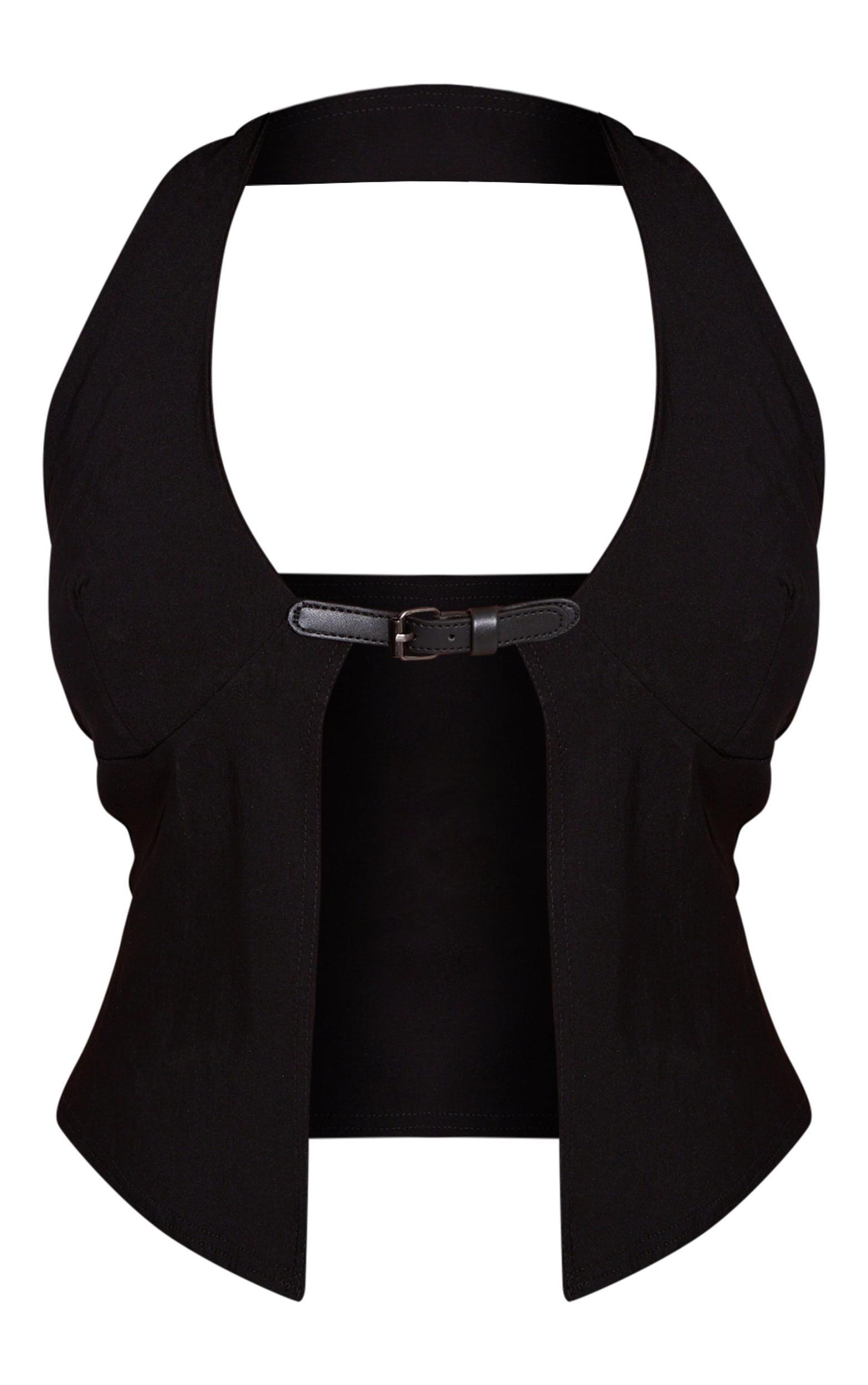 Shape Black Stretch Woven Buckle Halterneck Top Product Image