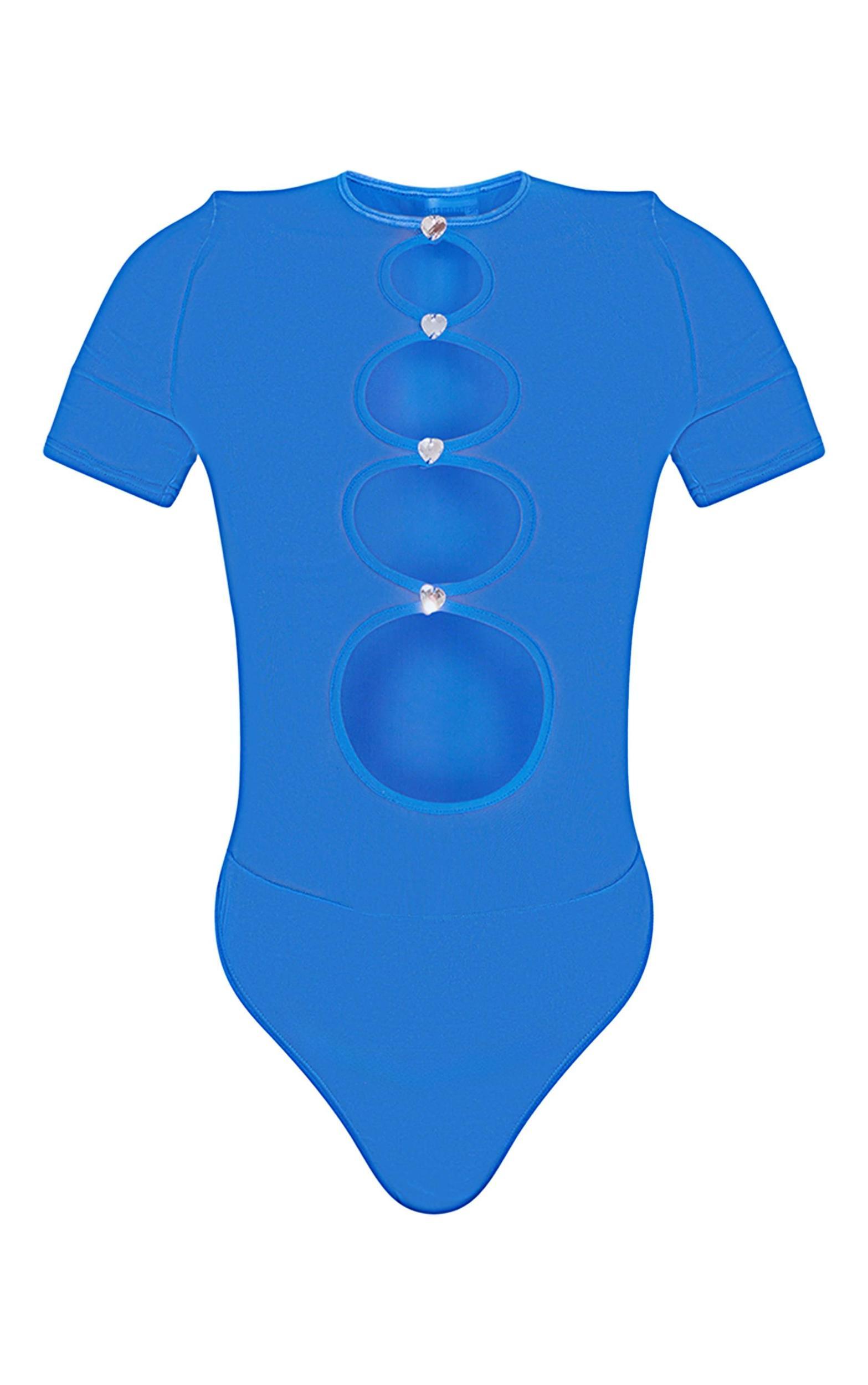Blue Mesh Cut Out Diamante Bodysuit Product Image