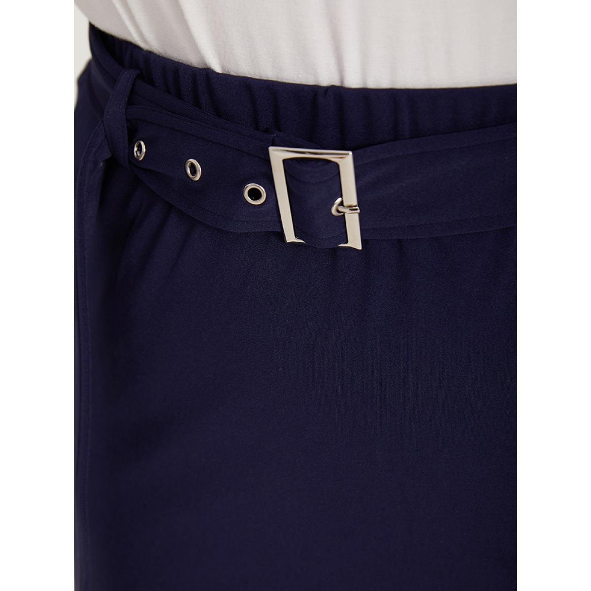Plus Size Plain Belted Split Hem Skinny Skirt Women Blue Office Belted Bodycon No stretch Belt Work Skirts BloomChic 26/4X Product Image