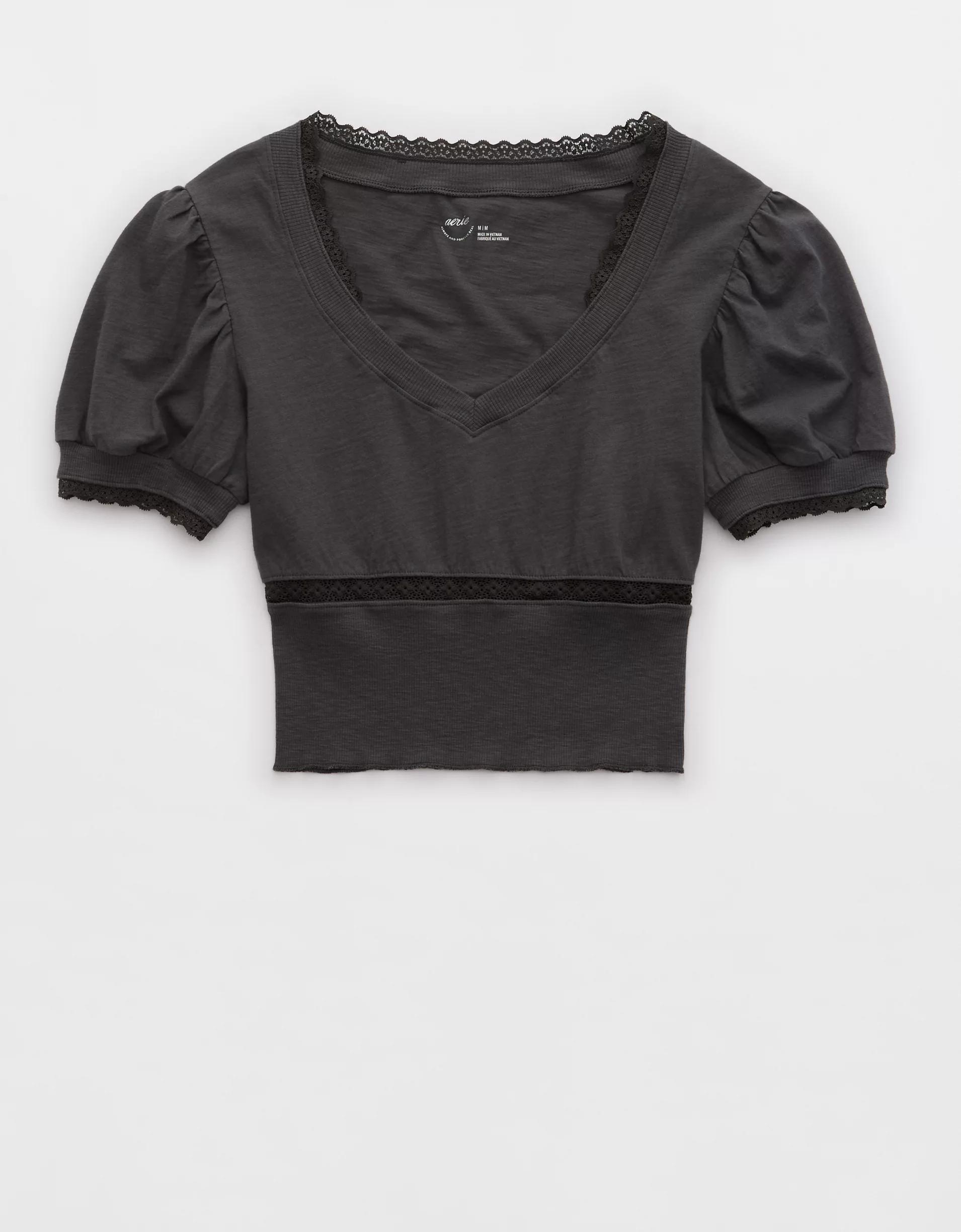 Aerie Cropped Lace Trim V-Neck T-Shirt Product Image