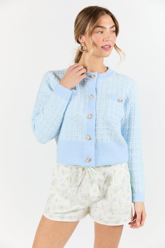 Running On Love Blue Textured Woven Detail Cardigan FINAL SALE Product Image