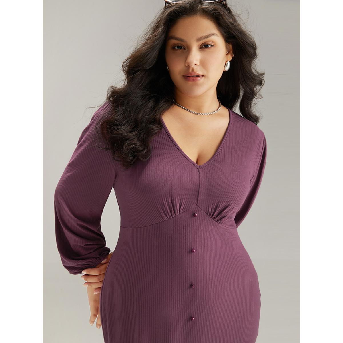 Plus Size Rib Knit Gathered Button Detail Lantern Sleeve Dress Mauve Women Office Elastic cuffs V-neck Long Sleeve Curvy Knee Dress BloomChic 10/M Product Image