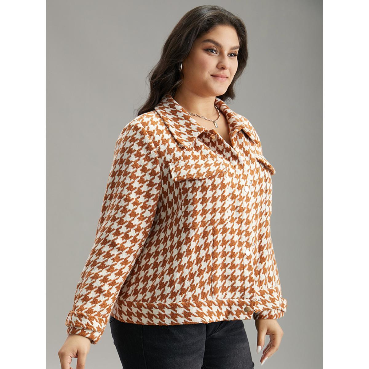 Plus Size Houndstooth Lapel Collar Flap Detail Coat Women Chocolate Casual Contrast Ladies Dailywear Winter Coats BloomChic 28/5X Product Image