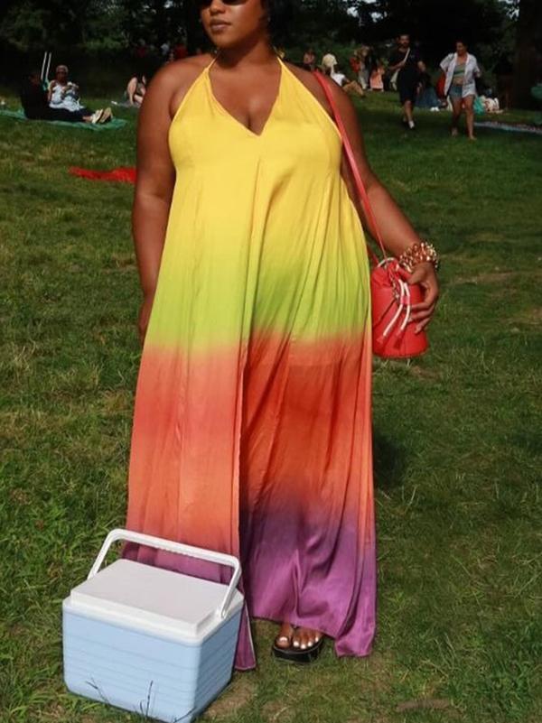 Loose Sleeveless Backless Contrast Color Pleated Split-Joint Tied Spaghetti-Neck Maxi Dresses Product Image