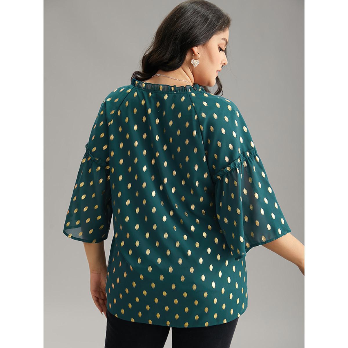 Plus Size Cyan Geo Glitter Tassels Ties Blouse Women Glamour Elbow-length sleeve Tie Neck Going out Blouses BloomChic 12/L Product Image