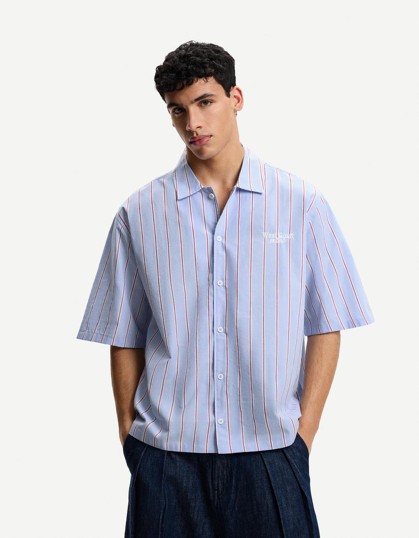 Embroidered striped short sleeve shirt Product Image