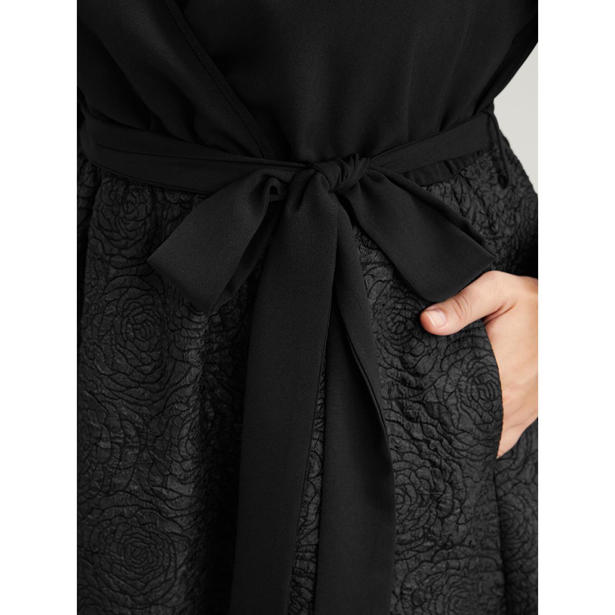 Plus Size Solid Patchwork Wrap Pocket Belted Rose Textured Dress Black Women Office Patchwork V-neck Long Sleeve Curvy Knee Dress BloomChic 28/5X Product Image