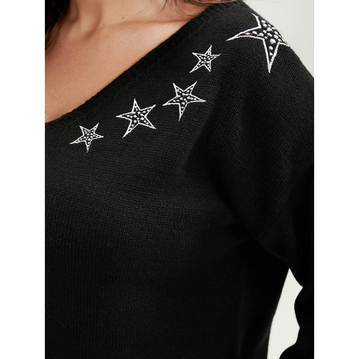 Plus Size Star Embroidered Pointelle Knit V Neck Knit Top Black Women Casual Long Sleeve V-neck Dailywear Pullovers BloomChic 10/M Product Image