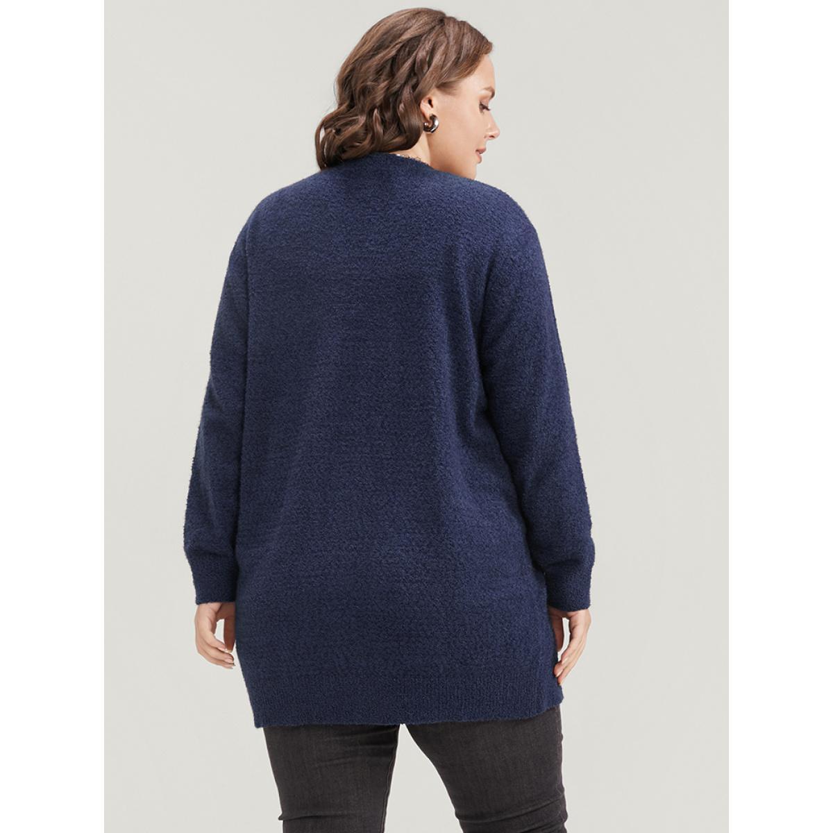 Plus Size Solid Super Soft Plush Knit Open Front Cardigan DarkBlue Women Casual Loose Long Sleeve Work Cardigans BloomChic 30/6X Product Image
