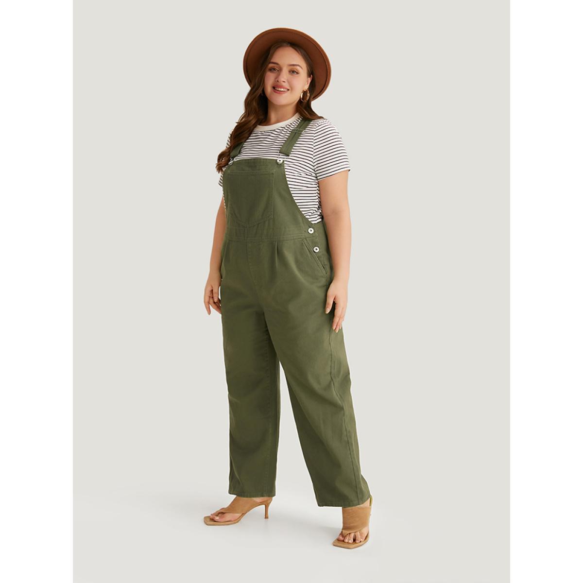 Plus Size Olive Solid Patched Pocket Pleated Overall Jeans Women Casual Sleeveless Non Dailywear Loose Jumpsuits BloomChic 22/3X Product Image