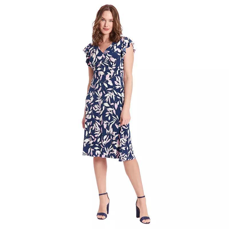 Womens London Times Ruffle Sleeve V-Neck Midi Dress Blue Pink Product Image