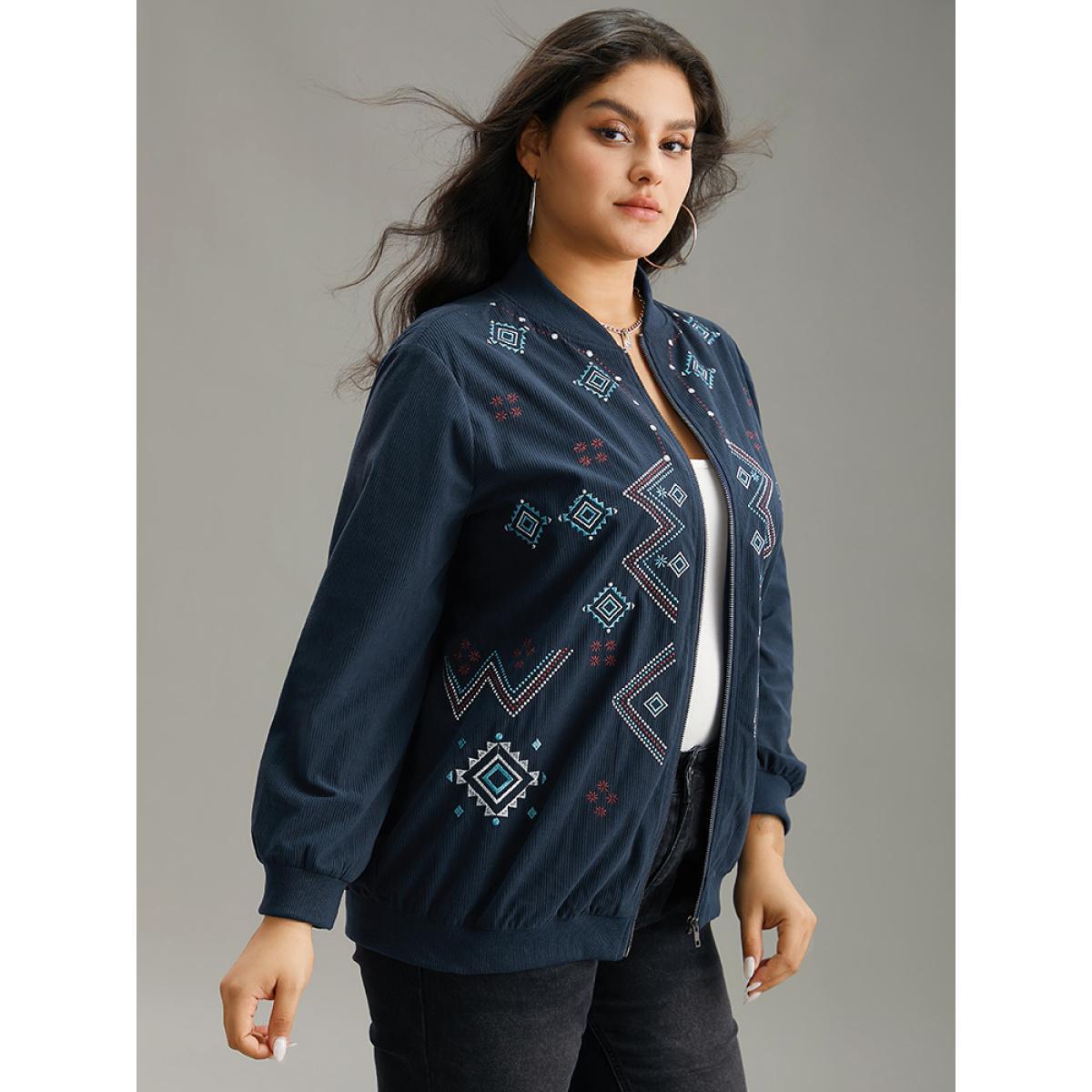 Plus Size Corduroy Geo Embroidered Zipper Fly Jacket Women Indigo Elastic cuffs Dailywear Jackets BloomChic 26/4X Product Image