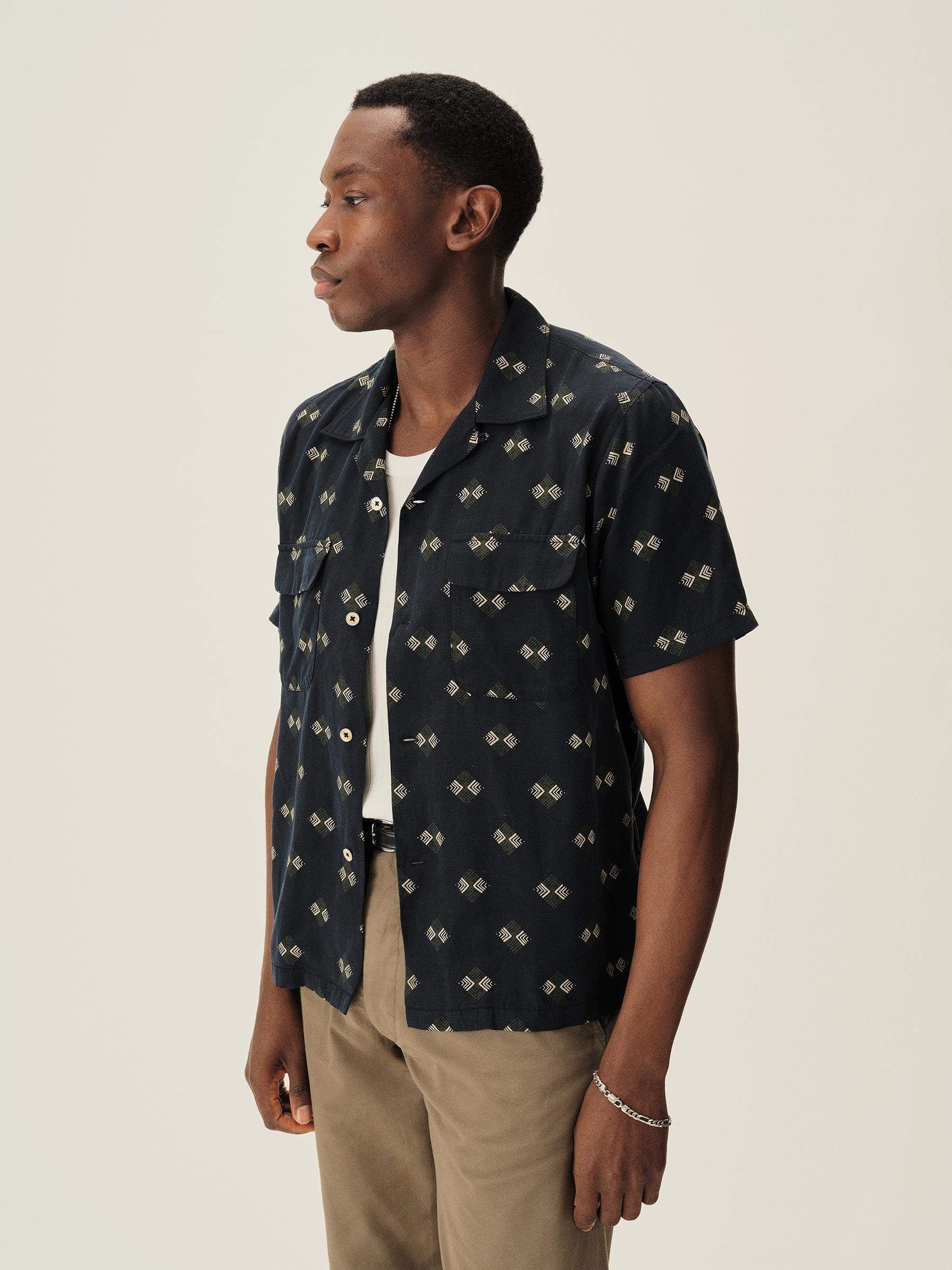 Dark Navy Draped Linen Deuce Coupe Camp Shirt Product Image