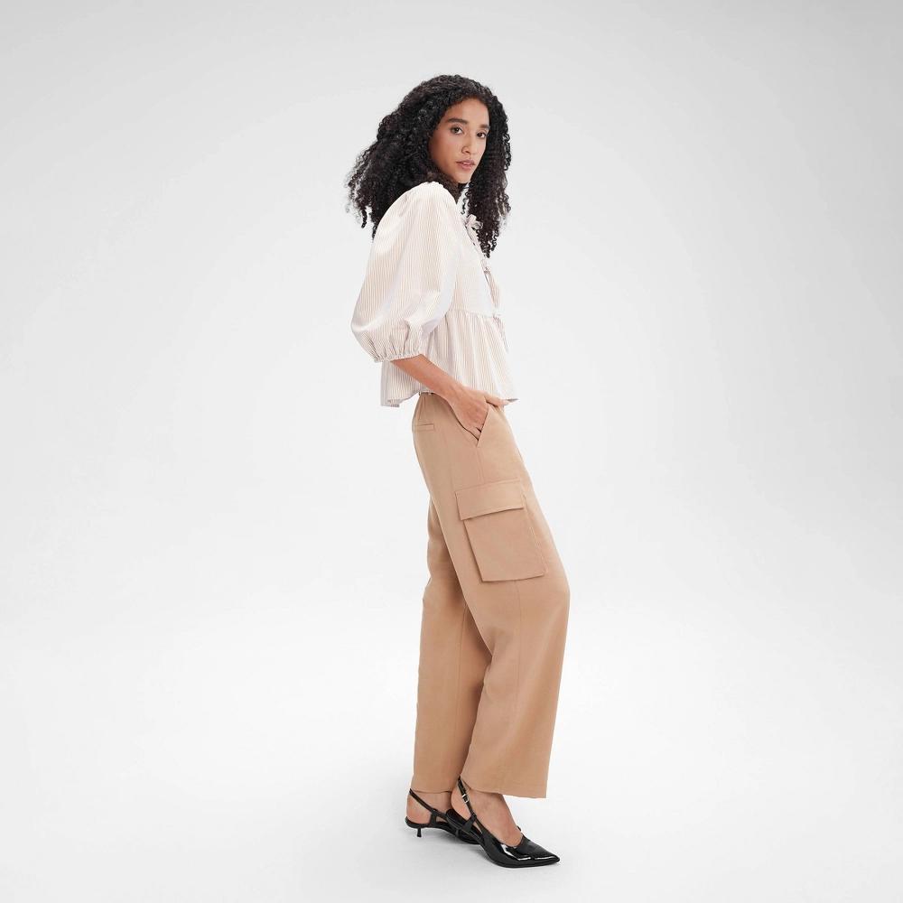 Women's Balloon 3/4 Sleeve Tie-Front Blouse - A New Day™ Cream Striped XXL Product Image