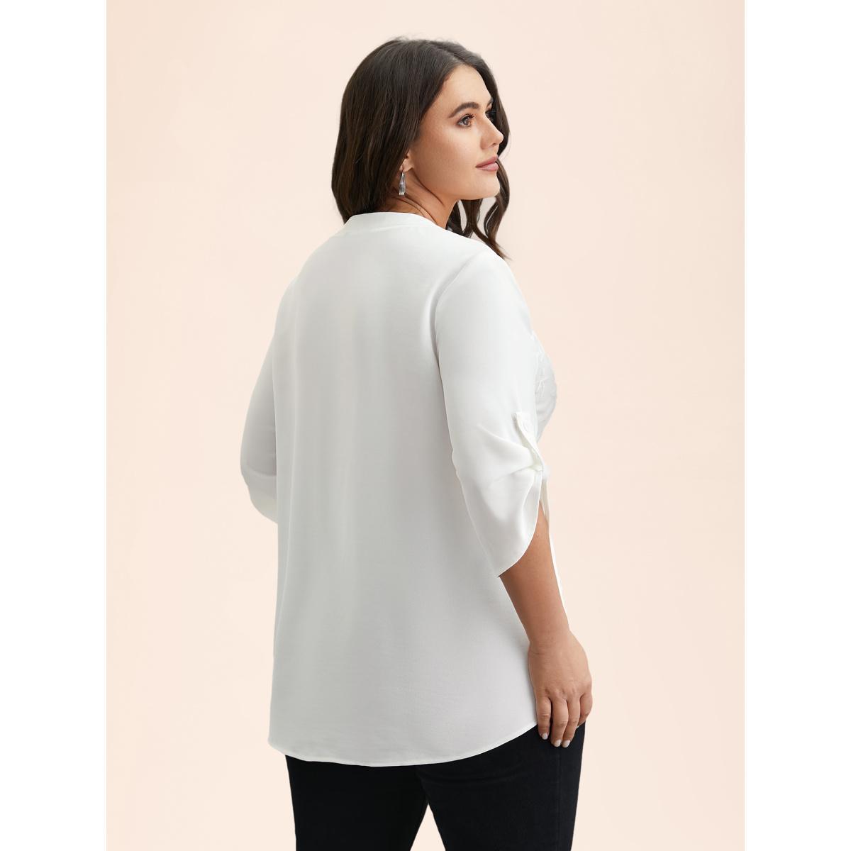 Plus Size WhiteSmoke Lace Patchwork Gathered Tab Sleeve Shirt Women Casual Elbow-length sleeve Notched collar Everyday Blouses BloomChic 12/L Product Image
