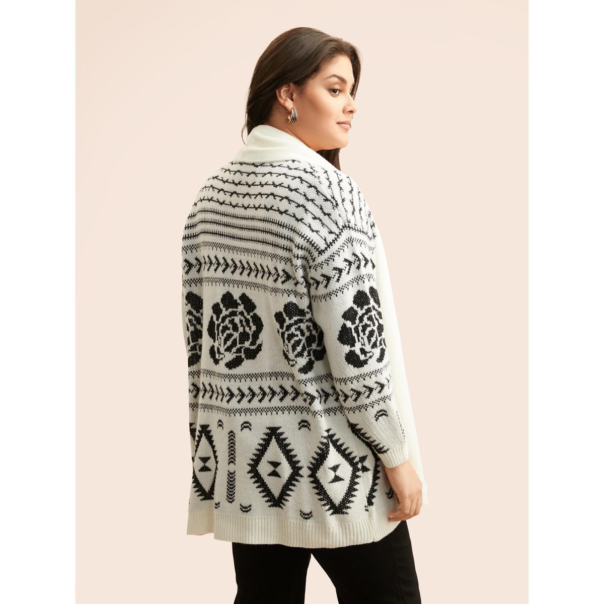 Plus Size Geometric Jacquard Lapel Collar Cardigan Beige Women Casual Loose Long Sleeve Everyday Cardigans BloomChic 26/4X Product Image