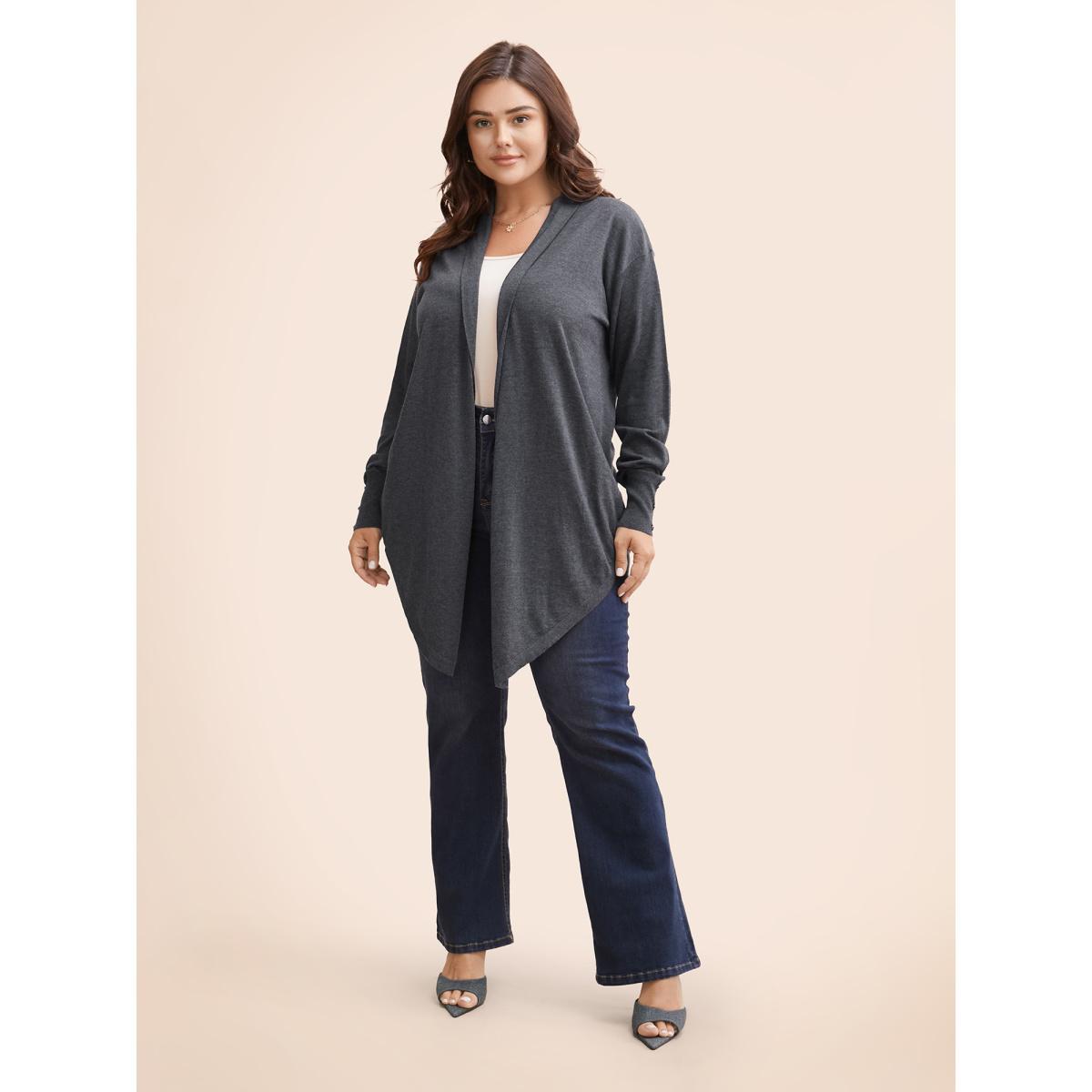 Plus Size Kimono Collar Button Detail Asymmetrical Hem Cardigan DimGray Women Casual Loose Long Sleeve Everyday Cardigans BloomChic 18-20/2X Product Image
