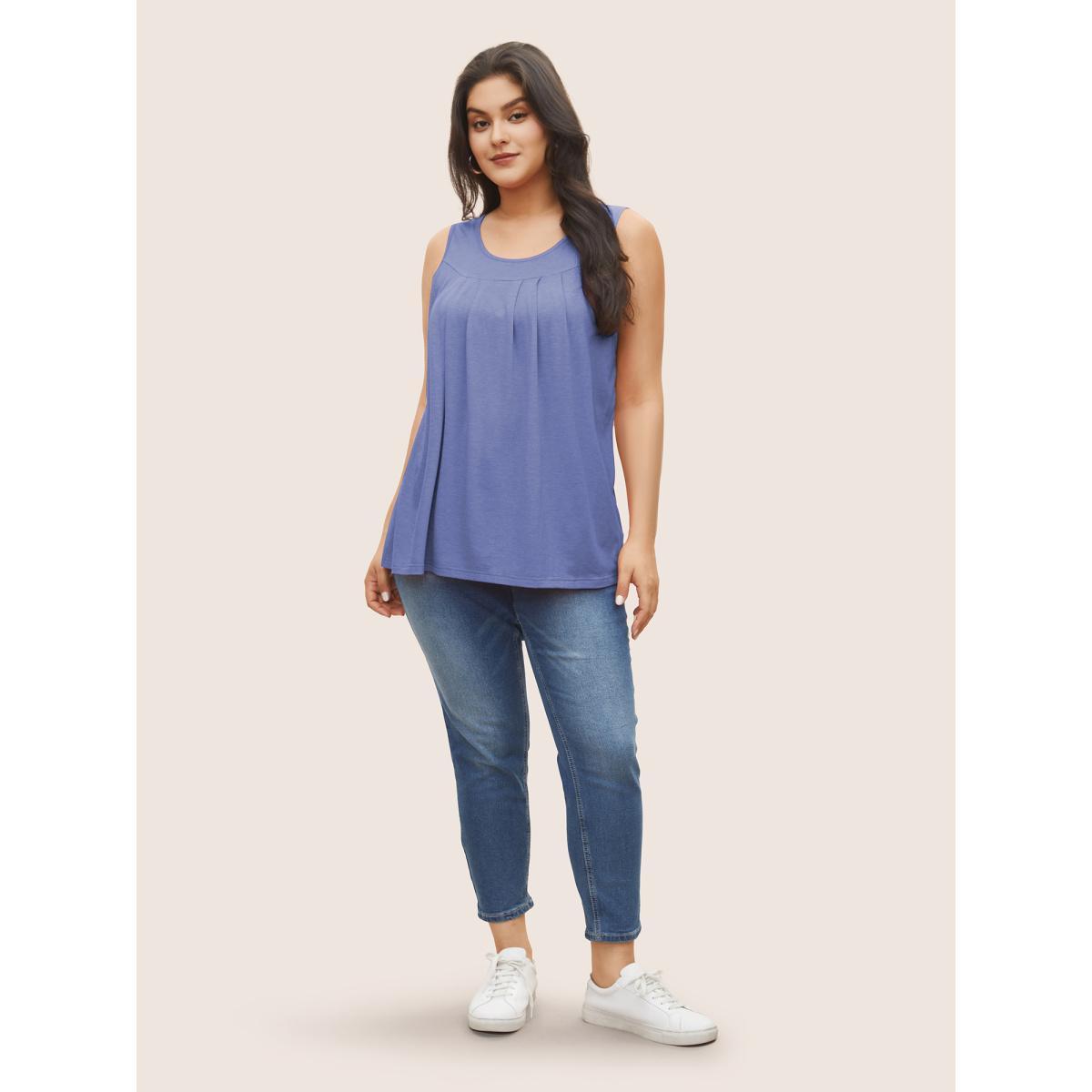 Plus Size Plain Round Neck Plicated Detail Tank Top Women Bluepurple Elegant Non U-neck Everyday Tank Tops Camis BloomChic 28/5X Product Image