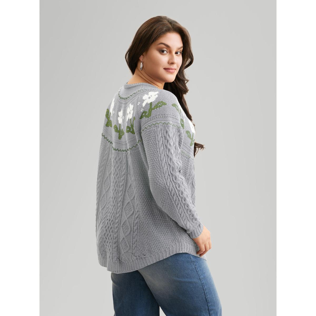 Plus Size Floral Jacquard Raglan Sleeve Pullover LightGray Women Casual Long Sleeve Round Neck Everyday Pullovers BloomChic 18-20/2X Product Image