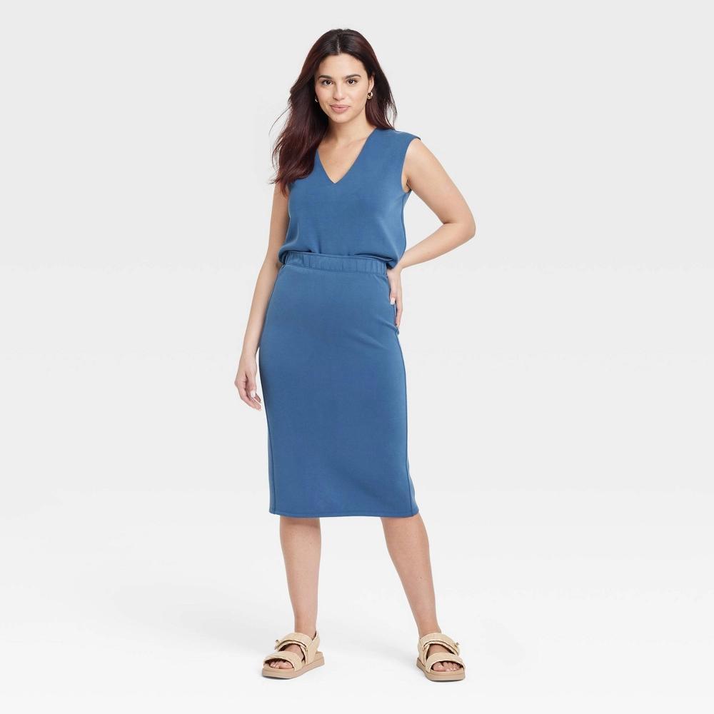 Women's Sandwash Midi Skirt - A New Day™ Blue XL: High Rise, Heavyweight Doubleknit, Elastic Waist, Back Slit, Machine Washable Product Image