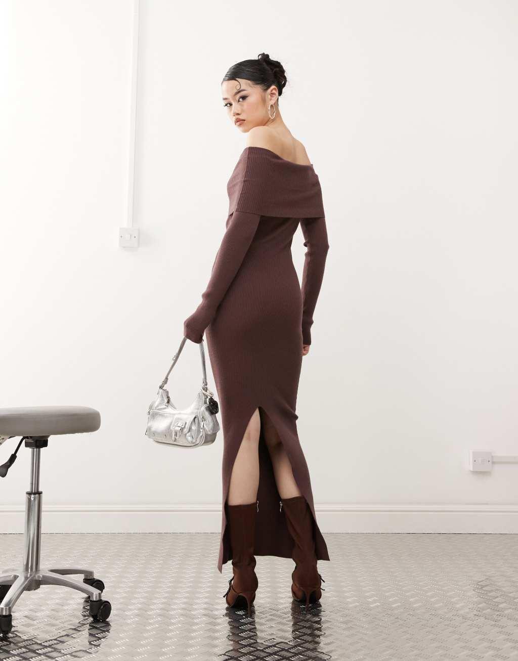 Princess Polly knitted extreme foldover bardot bodycon maxi dress in brown Product Image