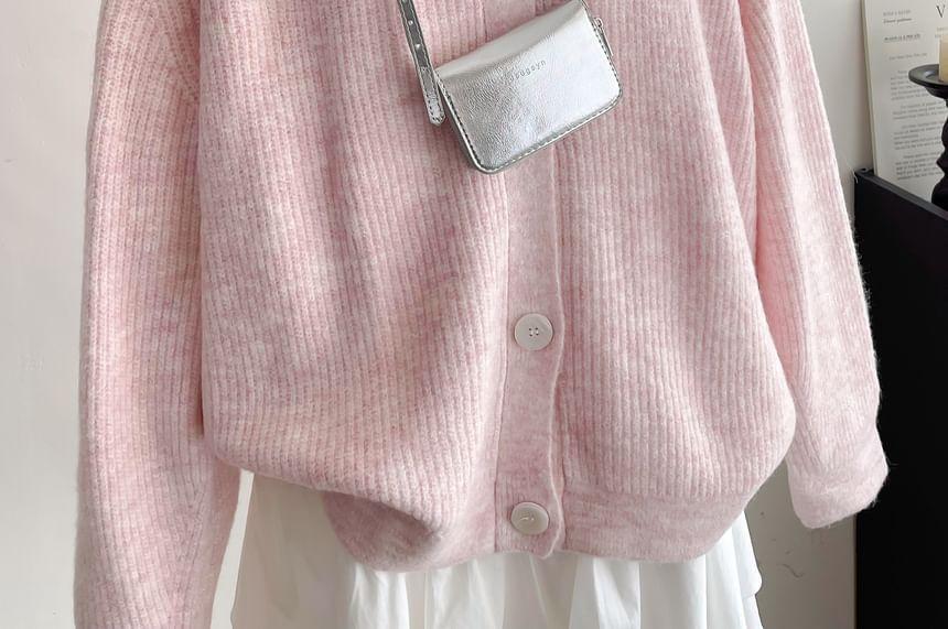 V-Neck Plain Ribbed Cardigan Product Image